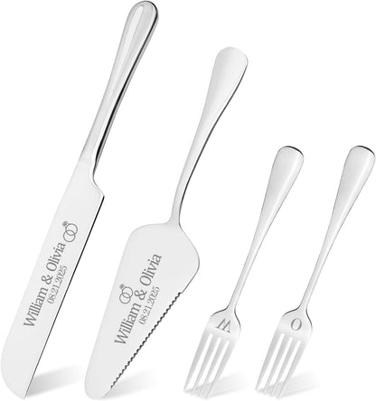 Personalized 4 Piece Cake Cutting Set for Wedding - Custom Cake Knife and Server Set with Forks, Cake Cutter Set Ideal for Wedding Anniversary Bridal Gifts (Silver)