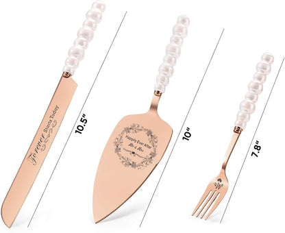 Wedding Cake Knife and Server Set, Gold Ceramic Pearl Handle Cake Cutting Set for Weddings, Engagements, Anniversaries, and Engagement Gifts for Couples