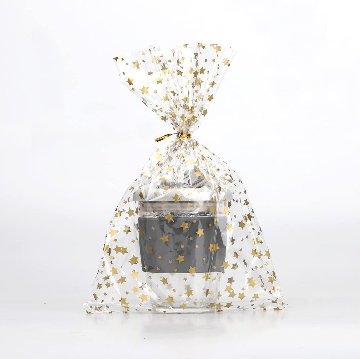100 Pcs Star Printed 5"X 7" Gift Wrap Cello Cellophane Treat Bags Party Favor bags Clear Candy Cookie Bag Plastic Poly Goodie Storage Bag with Twist Ties for Bakery,Birthday, Wedding ,Party Decorations (Gold)