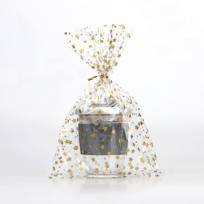 100 Pcs Star Printed 5"X 7" Gift Wrap Cello Cellophane Treat Bags Party Favor bags Clear Candy Cookie Bag Plastic Poly Goodie Storage Bag with Twist Ties for Bakery,Birthday, Wedding ,Party Decorations (Gold)