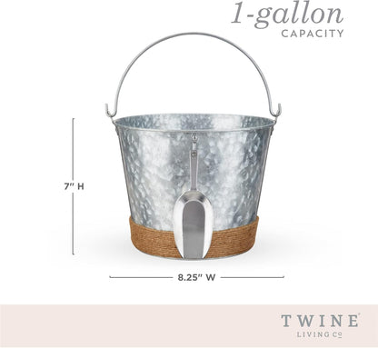 Twine Farmhouse Ice Bucket with Scoop - Beverage Tub Wrapped with Rope for Parties - Galvanized Metal Bucket Cooler & Drink Tub Holds 1 Gallon