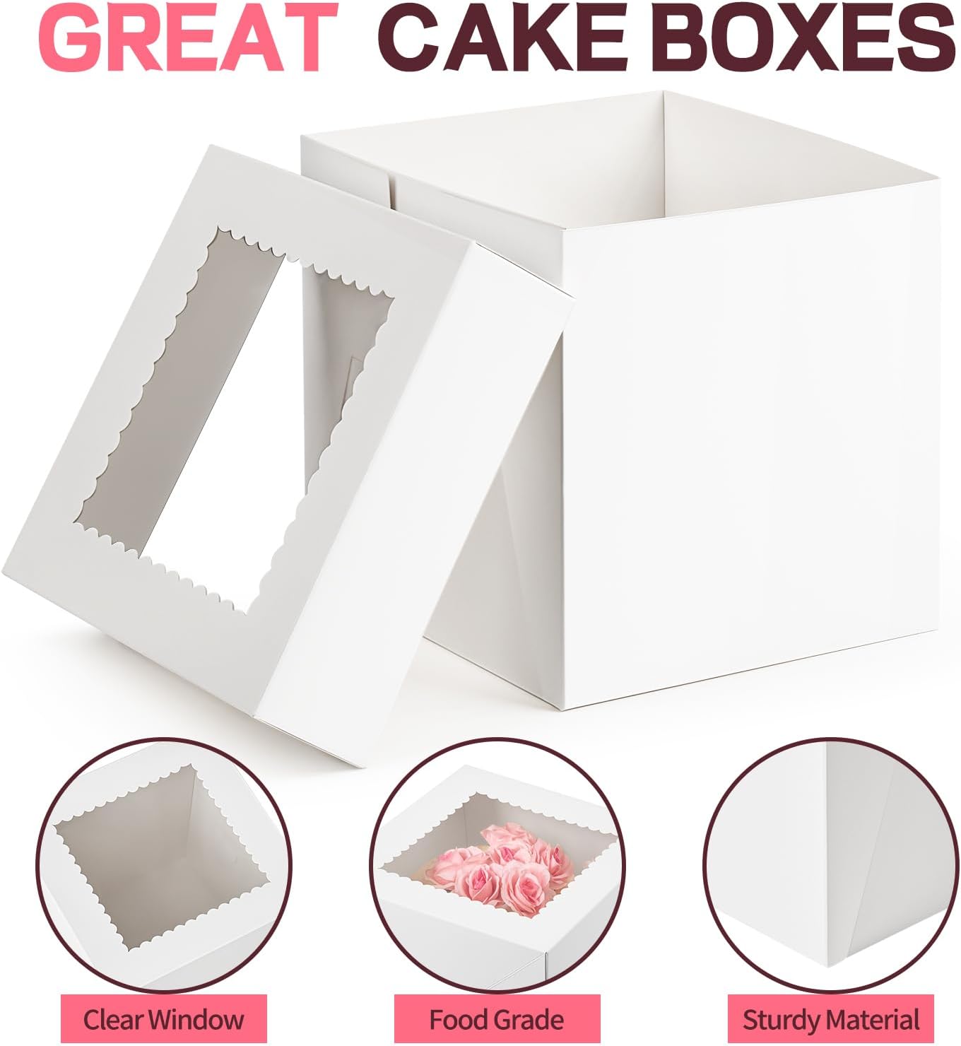 ZORRITA 4 Pack Cake Boxes, 8 x 8 x 8 Inches Tall Bakery Box with Window and Stickers, Disposable Cake Containers for Wedding, Birthday, Party