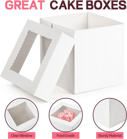 ZORRITA 4 Pack Cake Boxes, 8 x 8 x 8 Inches Tall Bakery Box with Window and Stickers, Disposable Cake Containers for Wedding, Birthday, Party