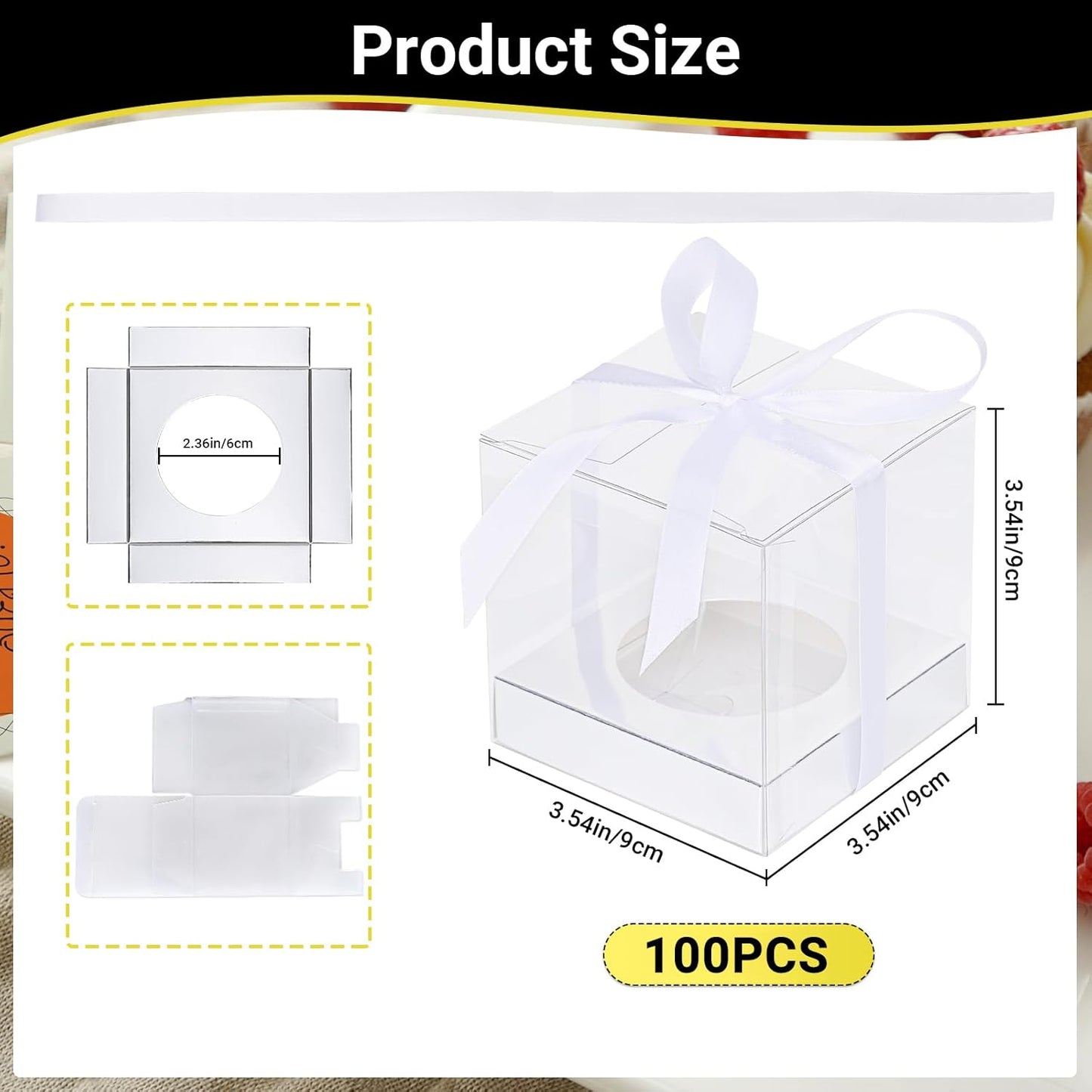 EUSOAR Individual Cupcake Holder, 50pcs 3.5 Inch Plastic Black Cupcake Containers with Lids, Single Transparent Display Clear Cupcake Carrier with Ribbon and Inserts for Wedding Party Favor