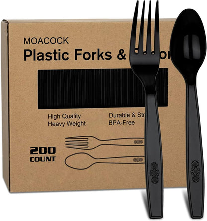 MOACOCK 200 Count Plastic Silverware, Heavy Weight Plastic Forks Spoons Disposable Utensils Cutlery Set for Wedding Party Supplies Everyday Use