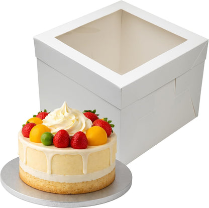12 inches White Cake Box with Cake Board, 1/2 inch Thick Silver Cake Drum Set, Square Bakery Box with Window Lid and Cake Board Combo, Disposable Container for Bakery (12x12x8“)