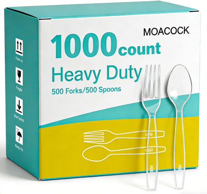 MOACOCK 100 Count Plastic Silverware, Heavy Weight Plastic Forks Spoons Disposable Utensils Cutlery Set for Wedding Party Supplies Everyday Use