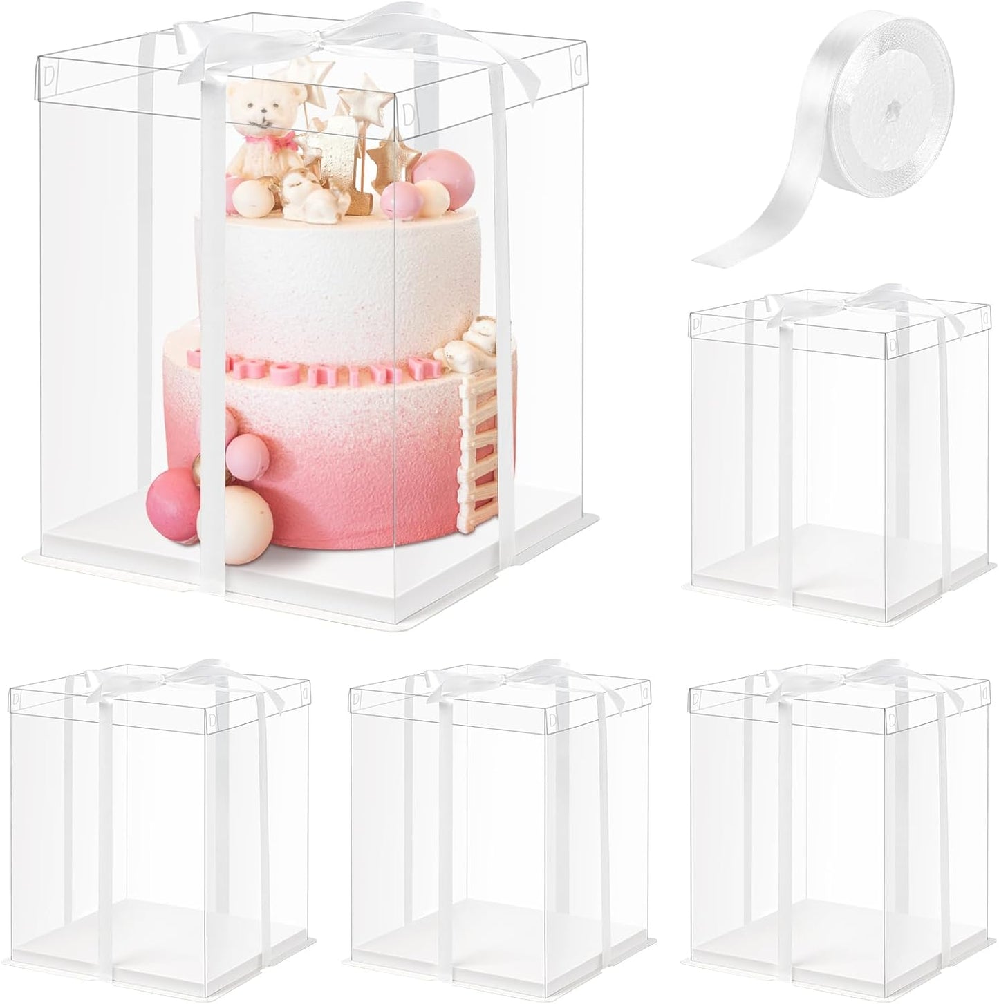 Ocmoiy 8x8x9Inch Clear Cake Box, 5 Pcs Cake Boxes with Ribbon Suitable for Packaging 6 Inch Cake, Disposable Cake Holder Carrier for Wedding, Birthday, Party