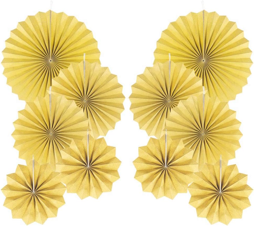 Party Hanging Paper Fans Decorations Set, Gold Round Paper Fan Ceiling Party Decoration Suppiles,Set of 10