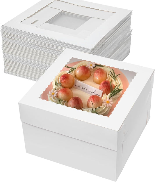 Mefleet 25pcs 14x10x6 Cake Boxes with Window Rectangle Quarter Sheet Bakery Boxes for Pastry Baking Cake, Cupcakes, Donuts, Cookies, Pie Treat Packaging White Large