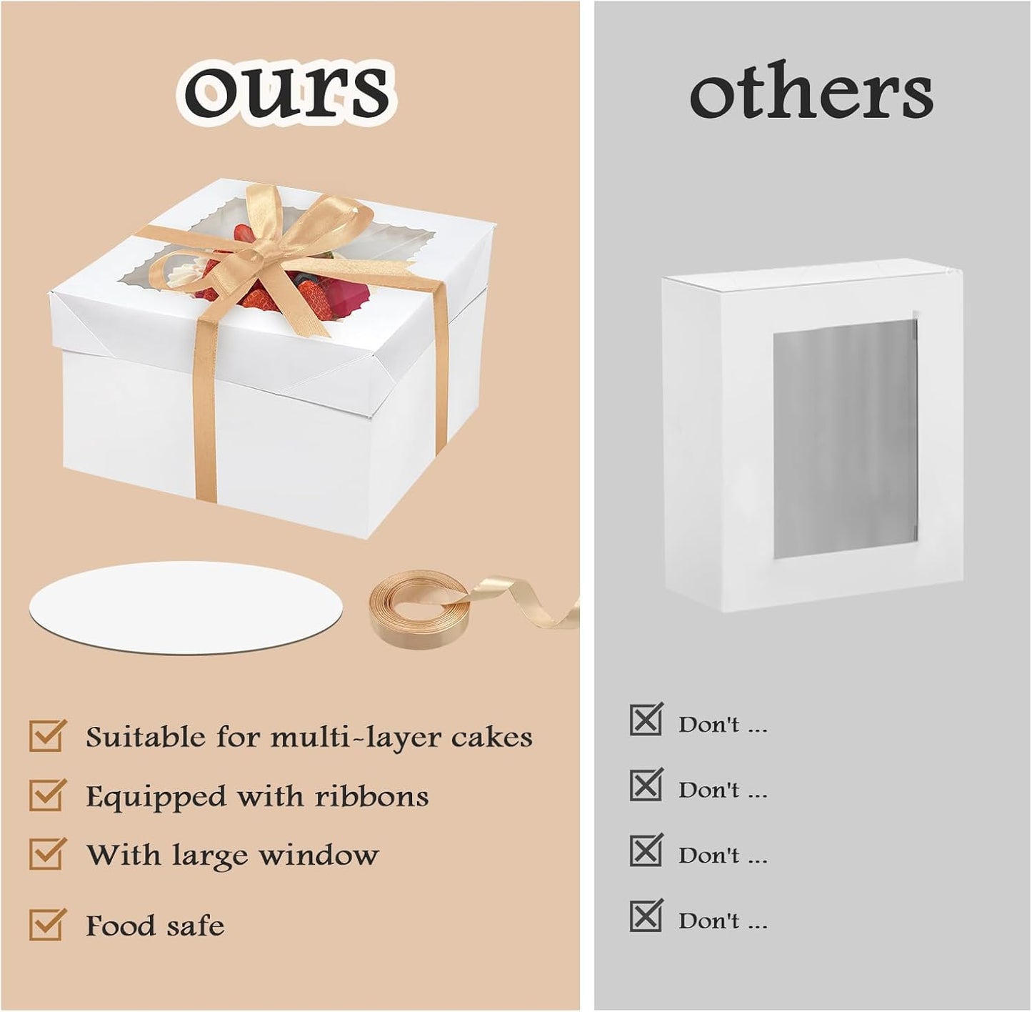 6PCS 12x12x8 Inches Cake Boxes with Boards—（3 Boxes with window & 3 Borads & 70ft Silk Ribbon） Large Square Baking Boxes for Christmas,Birthday Party, Wedding, Valentine's Day
