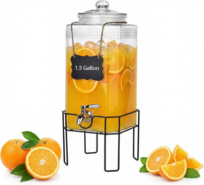 2 Gallon Glass Drink Dispenser, Drink Dispensers for Parties, Beverage Dispenser with Stand and Glass Lid, 100% Leakproof Spigot, Ideal for Lemonade, Juice, Laundry Detergent Dispenser
