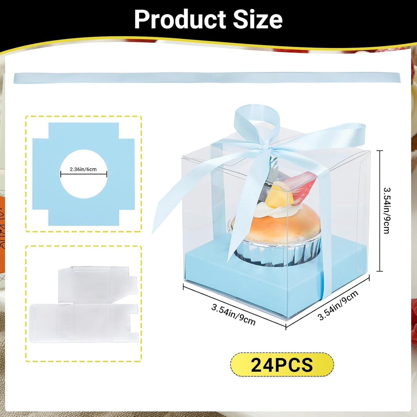 EUSOAR Individual Cupcake Holder, 50pcs 3.5 Inch Plastic Black Cupcake Containers with Lids, Single Transparent Display Clear Cupcake Carrier with Ribbon and Inserts for Wedding Party Favor