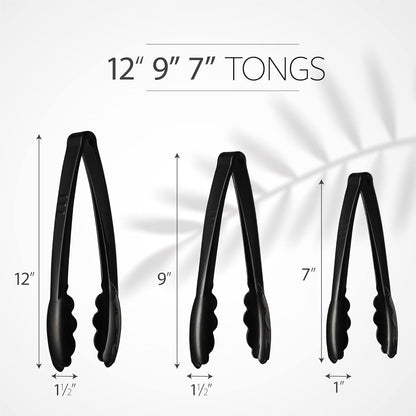 [Black Tongs 7.5'' Inches] Plasticpro 7.5'' Serving Tongs Heavy Duty Reusable Kitchen and BBQ Black Serving Tong for party's, Caterings, Events, Buffet, Weddings, And every Day use Pack of 12