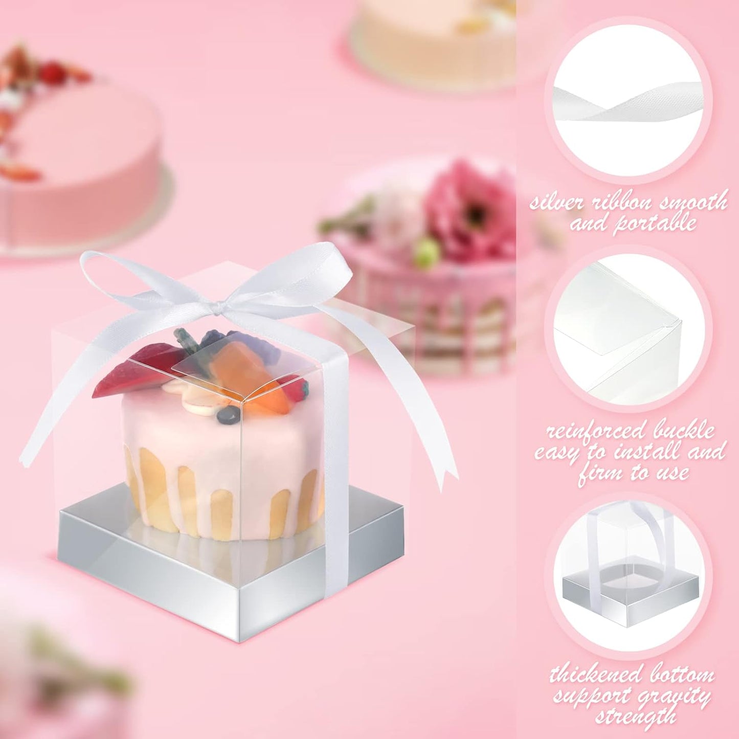 Thenshop 50 Pcs Clear Cupcake Boxes Individual 3.5 Inch Plastic Single Cupcake Containers Boxes with Inserts and Ribbon Individual Cake Storage Holders for Cake Kitchen(Dark Blue)