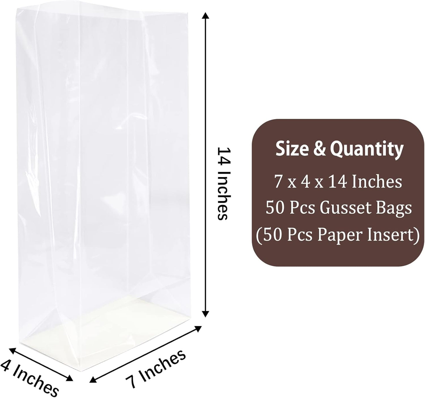 Gusseted Flat Bottom Cellophane Bags with Paper Insert 50Pcs 4x2x8 Inches Smore Bags