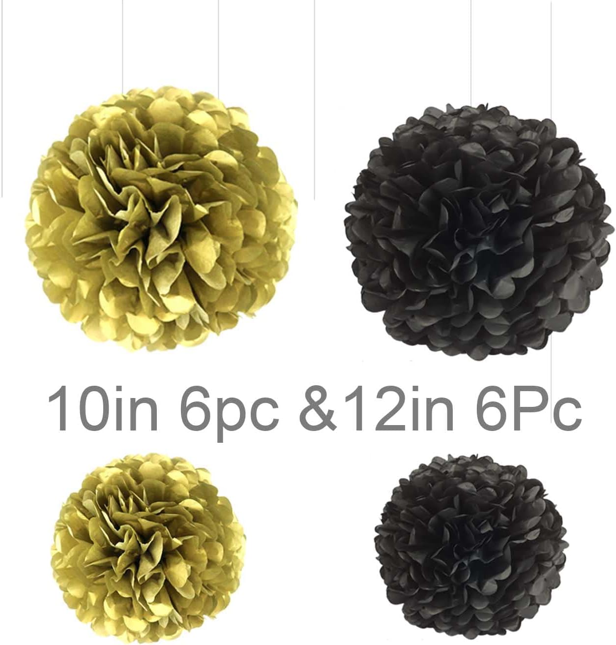 Black and White Tissue Paper Pom Poms Hanging Tissue Flowers Poms Decorations Pack of 12 for Wedding, Birthday,Party Backdrop Decor ect. (12", 10",Tissue Paper Flowers)