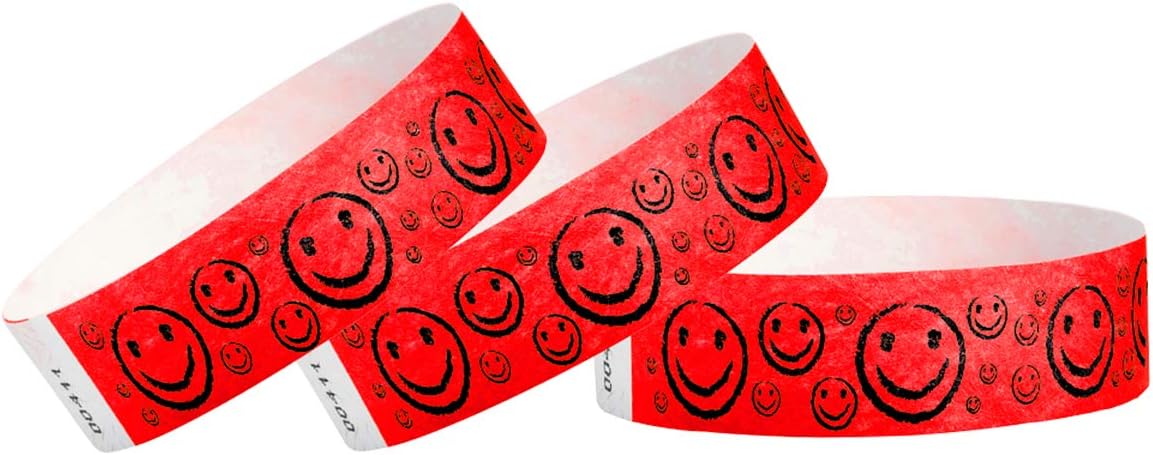 500 WristCo Yellow Smiley Face Tyvek Wristbands for Events - ¾” x 10” - Waterproof Recyclable Comfortable Tear Resistant Paper Bracelets Wrist Bands for Concerts Festivals Admission Party