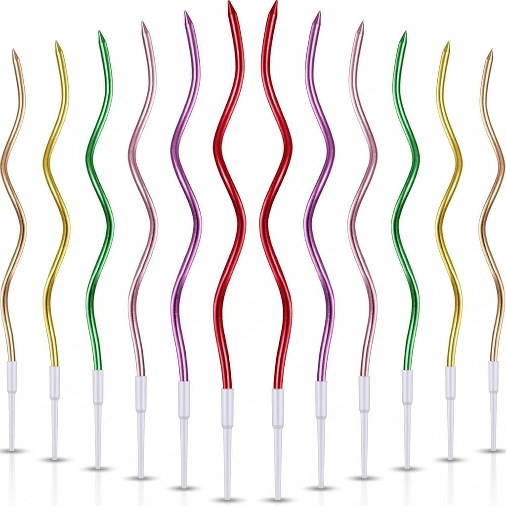12-Count Spiral Birthday Candles, Long Twisty Gold Party Candles with Candle Holders, Long Burning for Weddings, Birthdays, Party Decorations, Cupcakes, Anniversary and Meetups (Gold)
