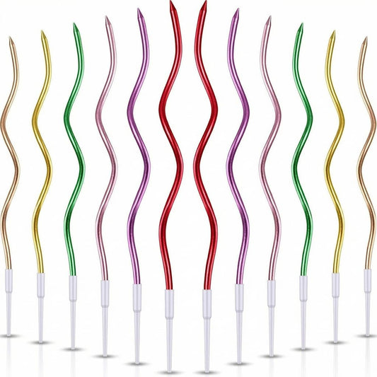 12-Count Spiral Birthday Candles, Long Twisty Gold Party Candles with Candle Holders, Long Burning for Weddings, Birthdays, Party Decorations, Cupcakes, Anniversary and Meetups (Gold)