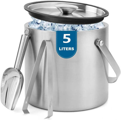 Portable Ice Buckets for Parties,3 Liter Double Wall Ice Bucket with Lid,Scoop,Tongs,Handle,Stainless Steel Ice Container to Keep Ice Frozen Longer- Ideal for Cocktail Bar,Camping,Chilling Beer/Wine