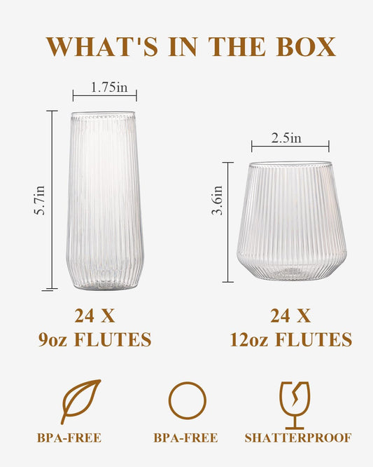 BESTSTAR 48 Pack Disposable Ribbed Origami Ripple Plastic Glasses Set - 24 9 OZ Stemless Champagne Flutes & 24 12OZ Cups, BPA-Free Shatterproof Clear Drinkware for Weddings, Parties & Events (Clear)