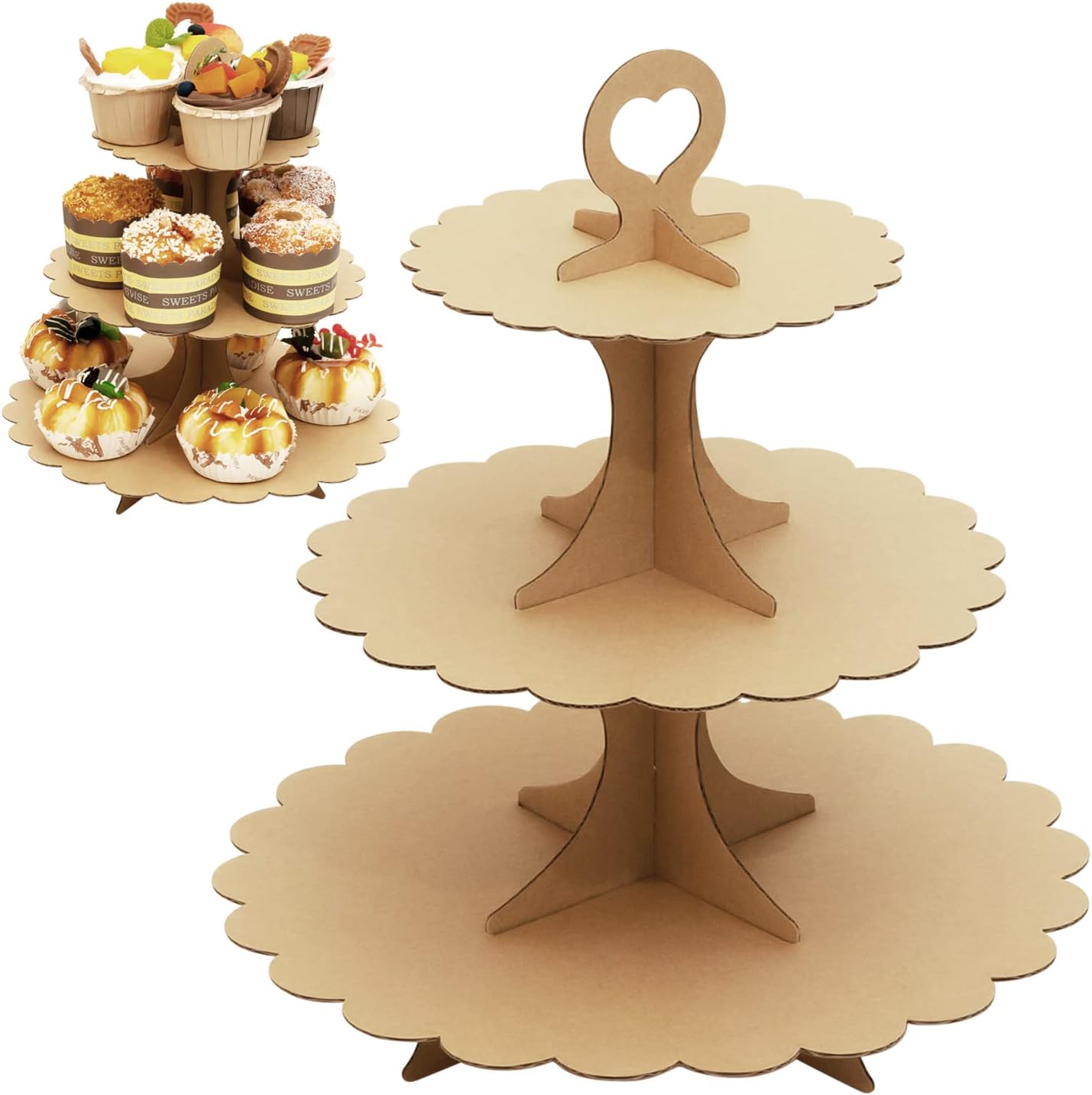 White Cupcake Stand Tower, 3-Tier Cardboard Dessert Display with Heart Handle,Perfect for Birthday Baby Shower Wedding Tea Party Graduation, Easy 60-Second Assembly, Holds 12+Cupcakes (1-Pack)