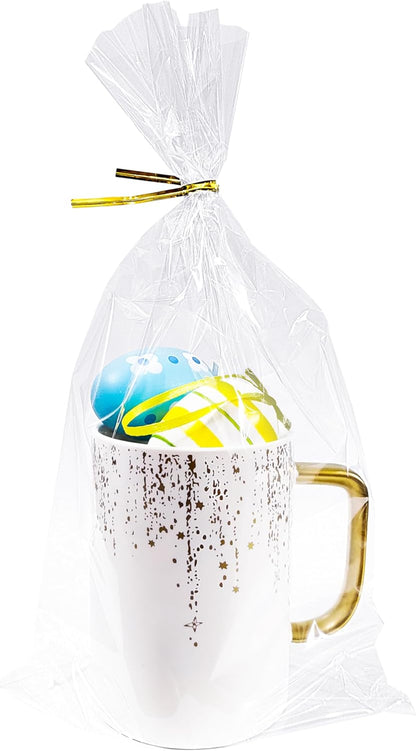 Wowfit 50 CT 8x11 inches Clear Bottom Gusset Cellophane Treat Bags with 6" Gold Twist Ties, Cello Packaging for Mugs, Dessert, Muffins, Party Favors and Gift Wrapping