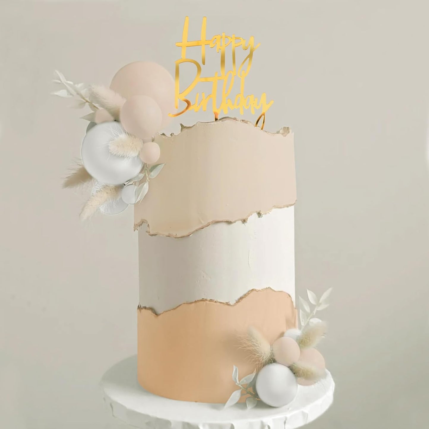 Khaki Balls Cake Topper Boho Grass Cake topper Khaki White Gold Pearl Balls Happy Birthday Cake Decorations for Wedding Birthday Boho Themed Supplies (Khaki)