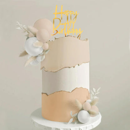 Khaki Balls Cake Topper Boho Grass Cake topper Khaki White Gold Pearl Balls Happy Birthday Cake Decorations for Wedding Birthday Boho Themed Supplies (Khaki)