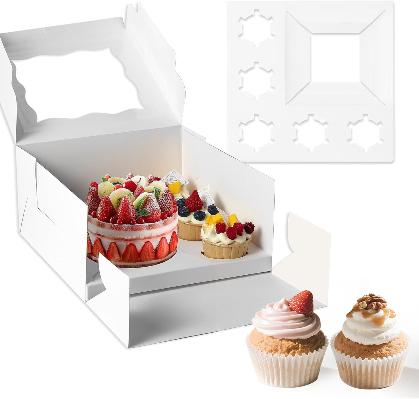 10 Packs Bento Cake and Cupcake Box 3 Holes Fit 2 Cupcakes and 1 Mini Cake Box with Clear Window and Stickers for Cake Cupcake Cookie or Easter and Mother’Day. (1+2/10pcs)