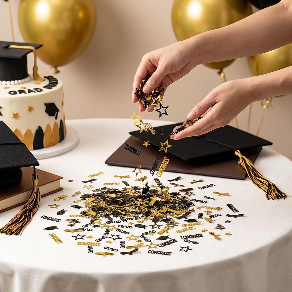 Gold and Black Graduation Confetti 2026, 1000 Pcs Congrats Grad Confetti Class of 2026 Party Table Centerpiece for 2026 Graduation Party Decorations