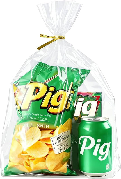 PigPotParty Cellophane Treat Bags 6x9 Inch, 50 Pack Clear Goodie Bags with Bottom Gusset for Stand-Up Display, Small Plastic Gift Wrap for Cookies, Candy, Party Favors, Popcorn, Includes 50 Gold Ties