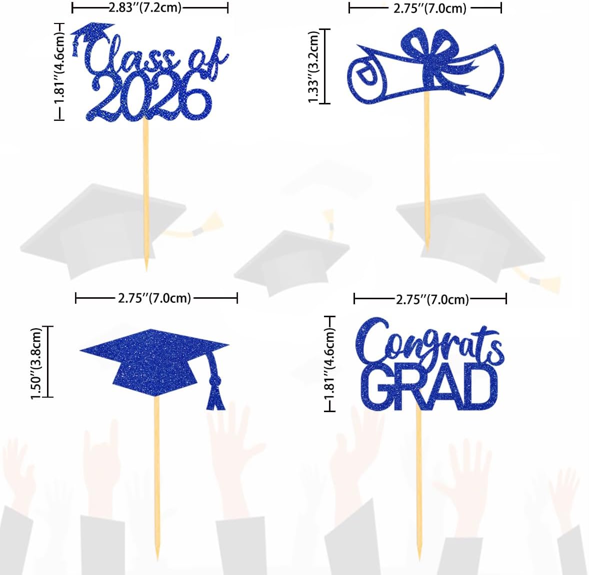2026 Graduation Theme Cupcake Toppers Glitter Class of 2026 Graduation Cap Diploma Cupcake Picks - Set of 24 (Gold)