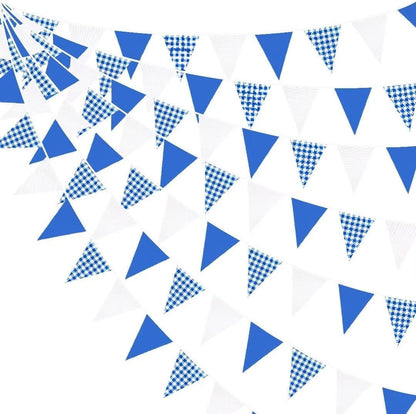 32Ft Dusty Blue Party Decorations Retro Blue Gingham Triangle Banner Flag Pennant Fabric Garland Streamers for Nautical Wedding Birthday Ahoy Achor Bridal Baby Shower Under The Sea Decor Supplies