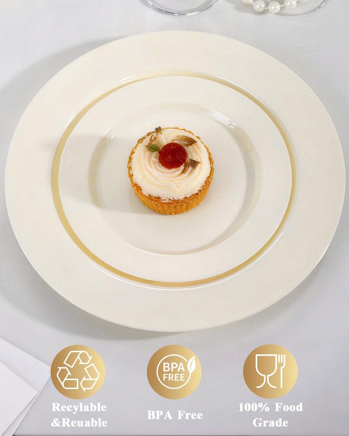 Goodluck 200PCS Gold Plastic Plates, Heavy Duty Disposable Gold Plates with 100 10.25 inch Dinner Plates and 100 7.5 inch Dessert Plates for Party, Holiday, Wedding, Thanksgiving