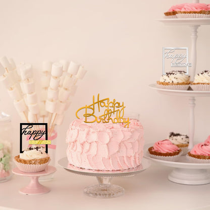 20pcs Gold Mirror Acrylic Happy Birthday Cupcake Toppers Round Engraved Cake Picks Happy Birthday Cake Toppers for DIY Birthday Gift Flower Bouquet Pastries Desserts Decor