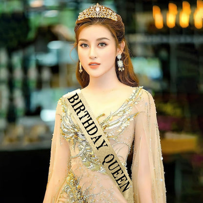 Birthday Sash for Women,Birthday Crown Tiaras for Women,Gold Rhinestone Queen Sash and Crown Tiara Headband for Party Decorations