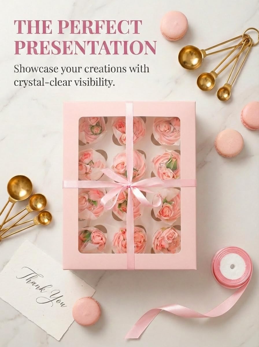 qiqee Auto-pop Up Cupcake Boxes with Window White 40PCS 12 Count Cupcake Box 13"x10"x3.5" Cupcakes Carrier, 12 Cupcake Containers with 2 rolls of pink ribbons