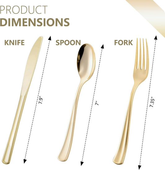 144 Pack Gold Premium Heavy Duty Plastic Silverware, 48 Forks, 48 Spoons, 48 Knives, For Catering, Parties, Dinners and Weddings, BPA-Free, Disposable Plastic Cutlery Set Utensils Set