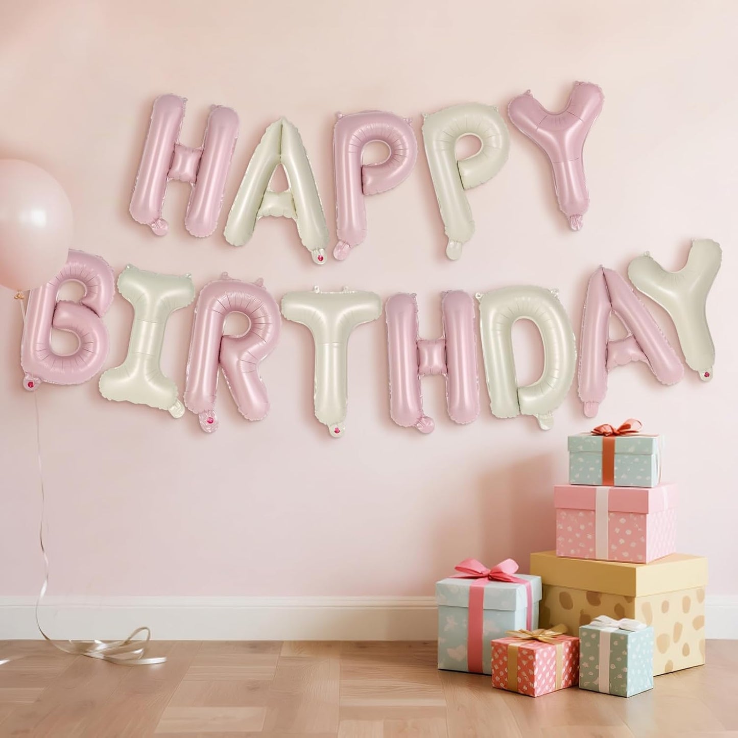 Happy Birthday Balloons Banner, Foil Balloon Personalized Name Letters Balloons Sign Birthday Party Decorations for Women Men Boys Girls Cream