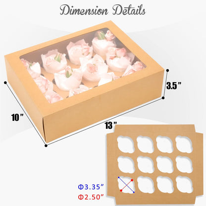Bakepacker Auto-pop Up Cupcake Boxes with Window White 20PCS 12 Count Cupcake Box 13"x10"x3.5" Cupcakes Carrier, 12 Cupcake Containers with rolls of pink ribbons