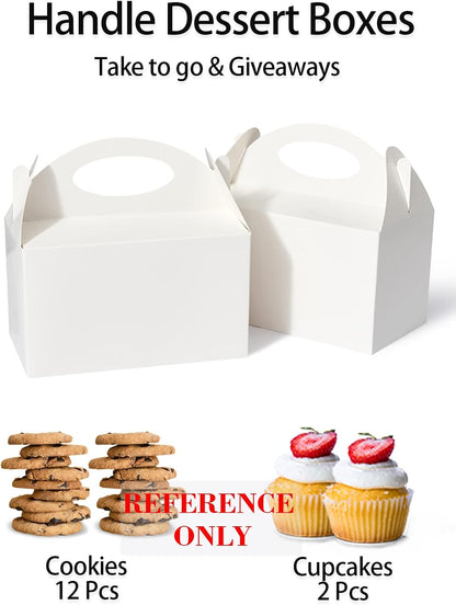 Happyhiram 50 Pcs Party Treat Boxes - White, 6 Inch Candy Boxes with Handle - Paper Cookie Gift & Snack Goodie Bags for Kids Birthday, Baby Shower, Wedding