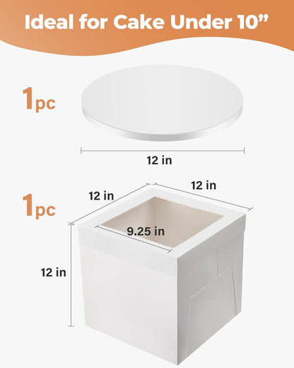 Kootek Cake Box with Board Drum, 10x10x10 Inches Tall Bakery Box with Window, Disposable Cake Container with Lid for Multi-Layer Cake, Decorating, Wedding, Birthday, Party