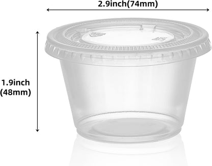 2oz Crystal Jello Shot Cups with Lids 100 Set, Leakproof & Freezer Safe Small Meal Prep Plastic Portion Cups for Salad Dessert Condiment Sauce Souffle, Food Storage Cups for Lunch Party Trips