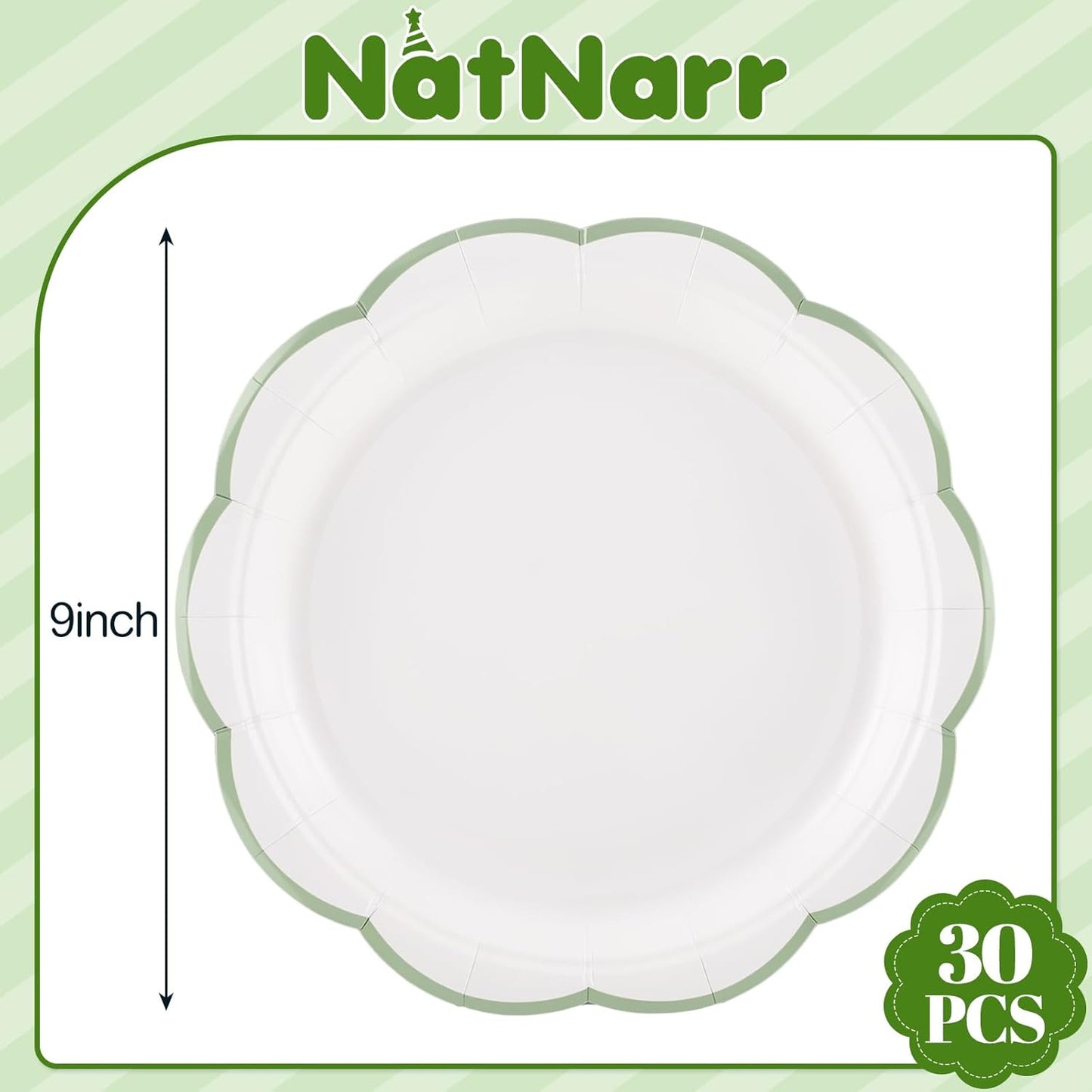 NatNarr 30 Pcs Sage Green Paper Plates, 7 Inch Scalloped Paper Plates Small Dessert Cake Plate Cute Party Plate Disposable Sage Greens Party Supplies for Wedding, Baby Bridal Shower, Birthday