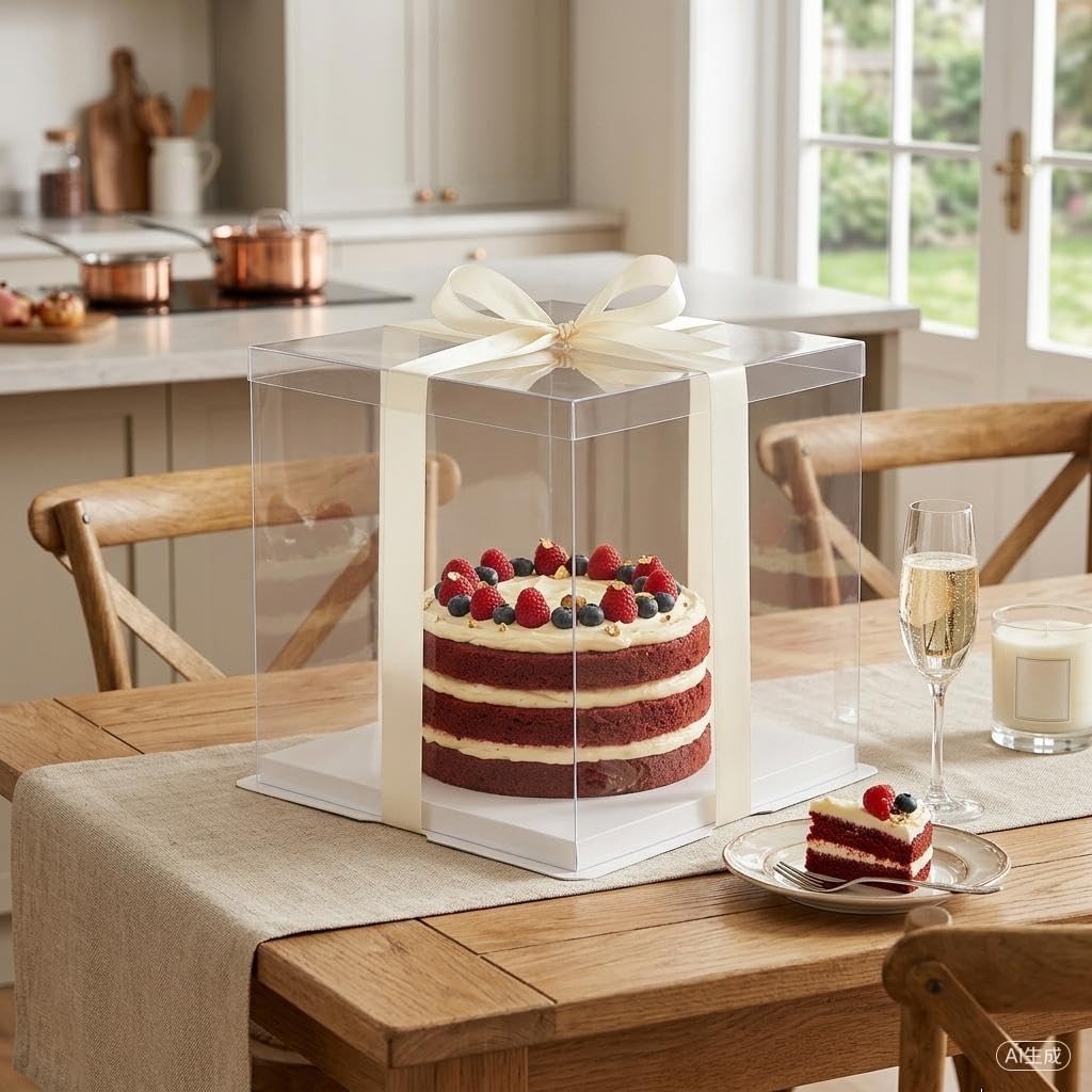 5-Pack 12-Inch Large Square Cake Box (12'x12'x11' inch) | Elegant Clear Display with Silk Ribbon Grand Gift Presentation for Tiered Cakes, Special Occasions, and Weddings