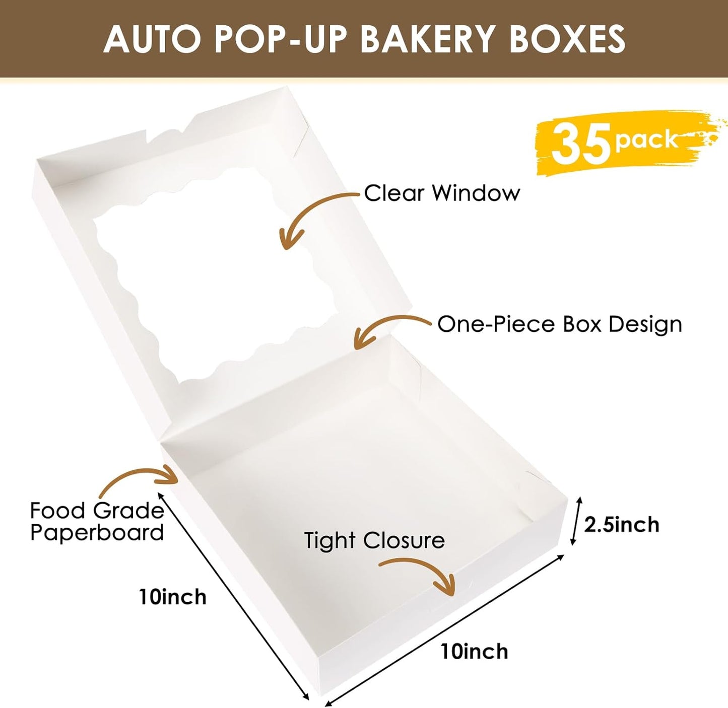 Moretoes 35pcs Bakery Boxes, 10x10x2.5 Inches Auto-Popup Cookie Boxes with Window for Pie, Cookie Cake, Treats, Pastries, Chocolate Covered Strawberries