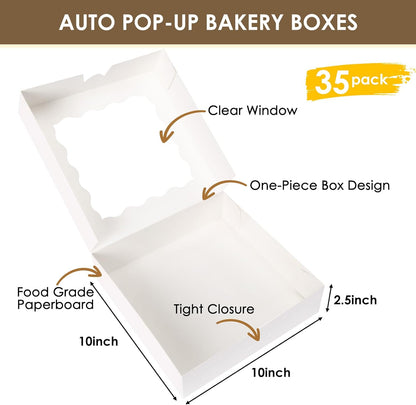 Moretoes 35pcs Bakery Boxes, 10x10x2.5 Inches Auto-Popup Cookie Boxes with Window for Pie, Cookie Cake, Treats, Pastries, Chocolate Covered Strawberries