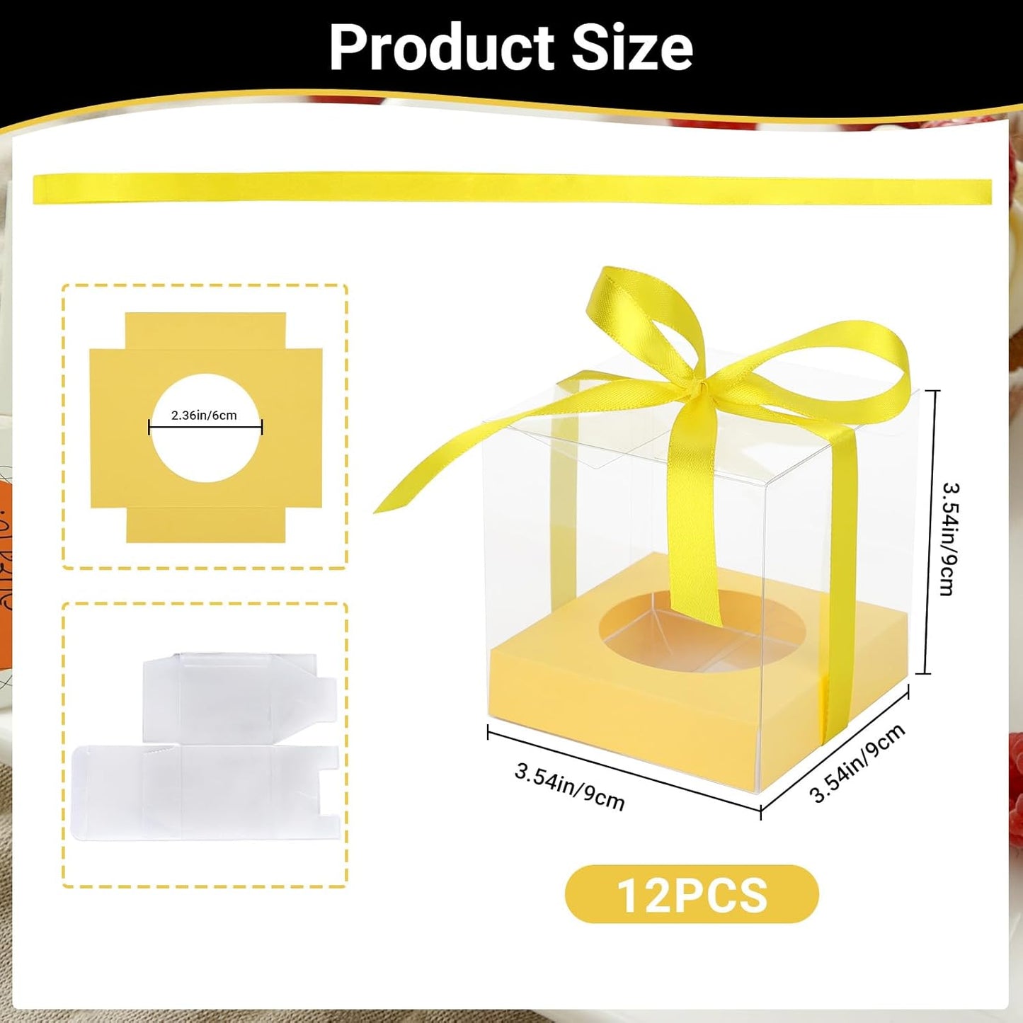 EUSOAR Individual Cupcake Holder, 50pcs 3.5 Inch Plastic Black Cupcake Containers with Lids, Single Transparent Display Clear Cupcake Carrier with Ribbon and Inserts for Wedding Party Favor